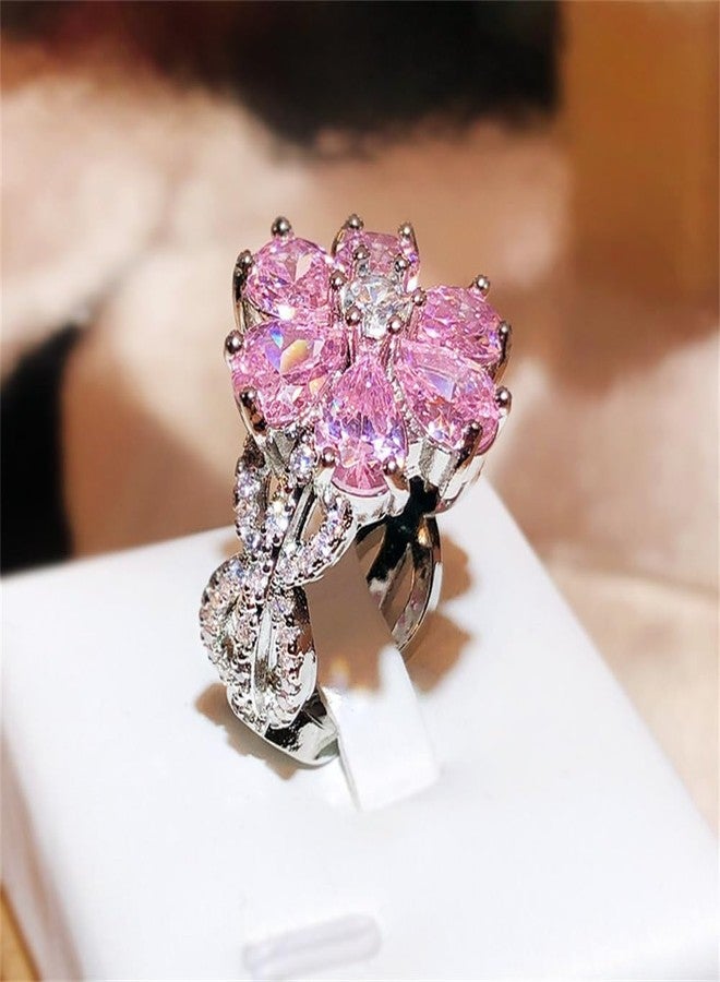 AZQ 925 Sterling Silver Shiny Full Diamond Rings 18K Gold Cocktail Rings Teardrop Cut Pink Cubic Zirconia Rings CZ Diamond Halo Rings Eternity Engagement Wedding Band Rings for Women Z.63 (US Code 8) - Image 4